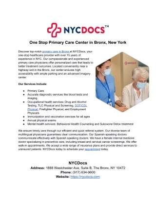 One Stop Primary Care Center in Bronx, New York
