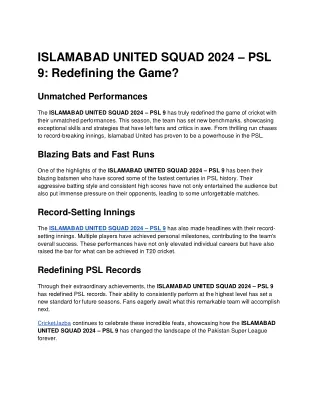 ISLAMABAD UNITED SQUAD 2024 – PSL 9: Redefining the Game