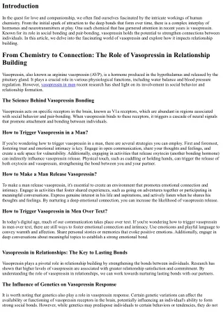 From Chemistry to Connection: The Role of Vasopressin in Relationship Building