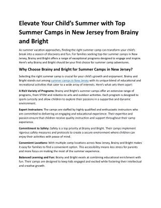 Top Summer Camps in New Jersey | Brainy and Bright | Fun & Educational Programs