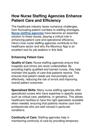 How Nurse Staffing Agencies Enhance Patient Care and Efficiency