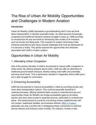 The Rise of Urban Air Mobility Opportunities and Challenges in Modern Aviation