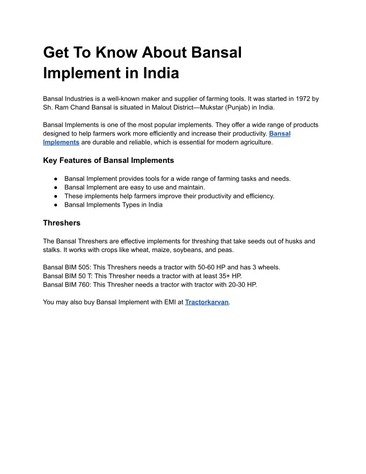 get to know about bansal implement in india