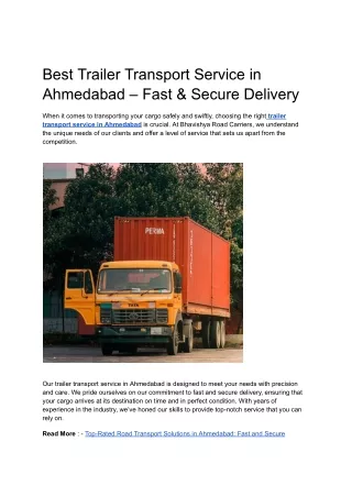 Best Trailer Transport Service in Ahmedabad – Fast & Secure Delivery