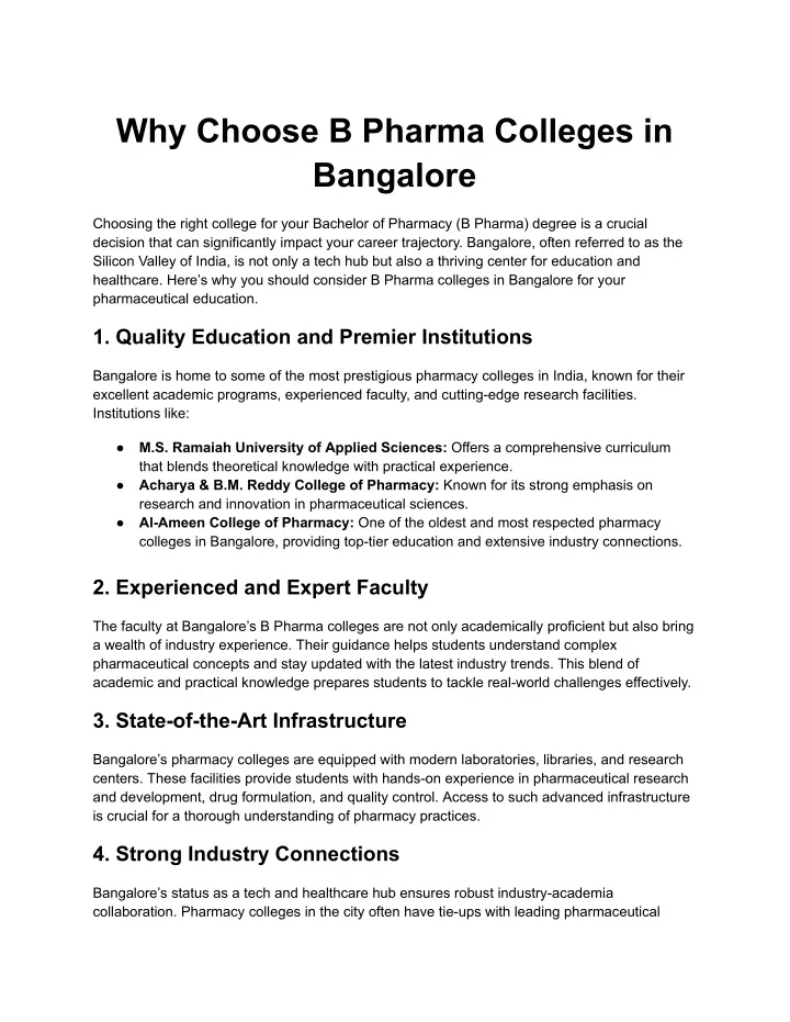 why choose b pharma colleges in bangalore