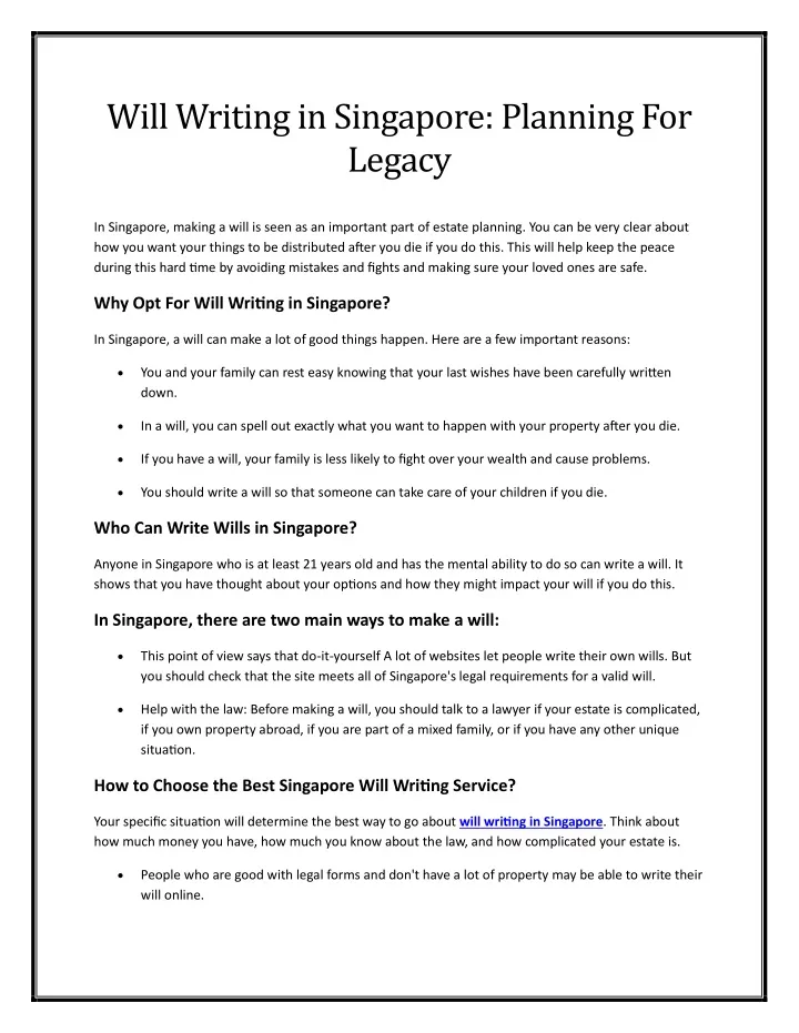 will writing in singapore planning for legacy