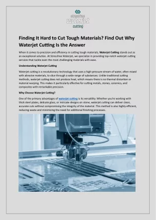 Finding It Hard to Cut Tough Materials - Find Out Why Waterjet Cutting Is the Answer