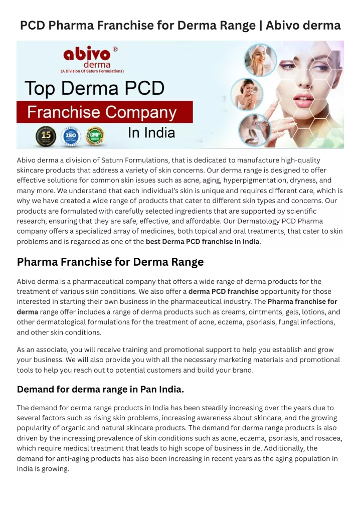 pcd pharma franchise for derma range abivo derma