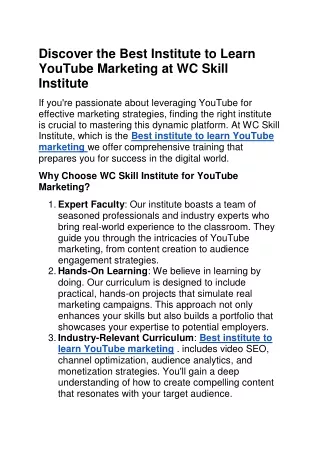 Discover the Best Institute to Learn YouTube Marketing at WC Skill Institute