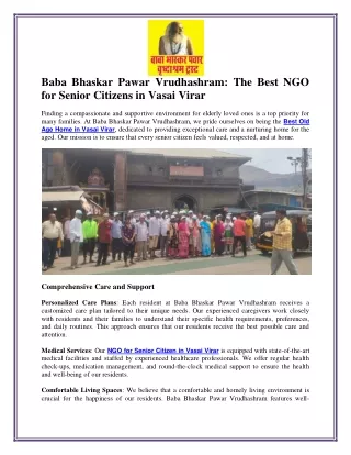 Best NGO and Old Age Home for Senior Citizens in Vasai Virar