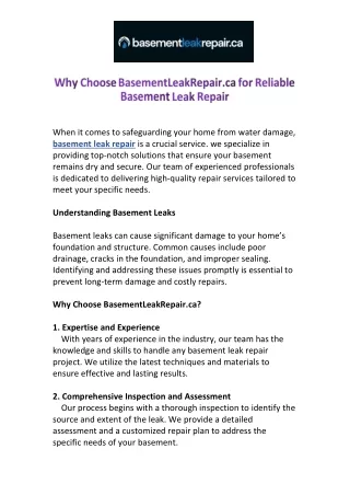 Why Choose BasementLeakRepair.ca for Reliable Basement Leak Repair