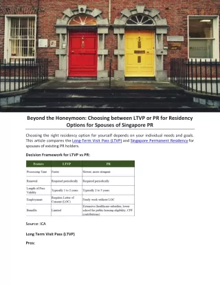 Beyond the Honeymoon Choosing between LTVP or PR for Residency Options for Spouses of Singapore PR