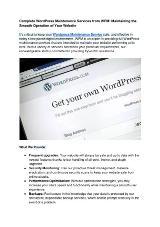 Complete WordPress Maintenance Services from WPM_ Maintaining the Smooth Operation of Your Website