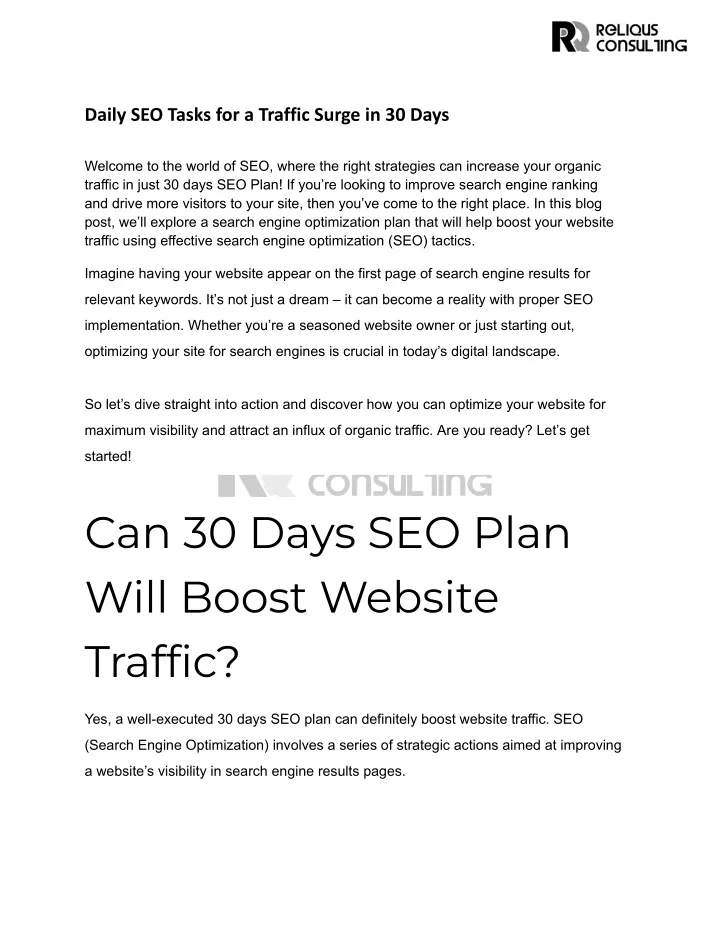 daily seo tasks for a traffic surge in 30 days