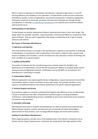Choosing the Right Tri-Lobe Blower Manufacturer