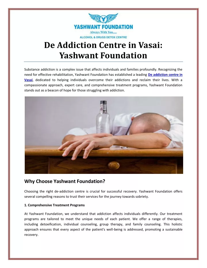 de addiction centre in vasai yashwant foundation