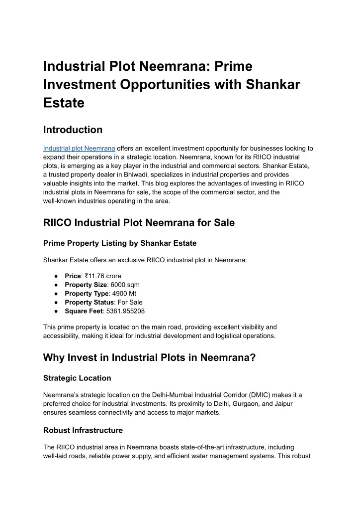 industrial plot neemrana prime investment