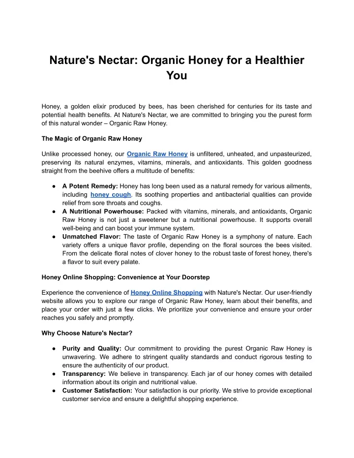 nature s nectar organic honey for a healthier you