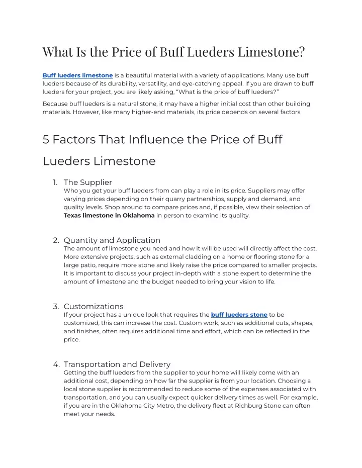 what is the price of bu lueders limestone