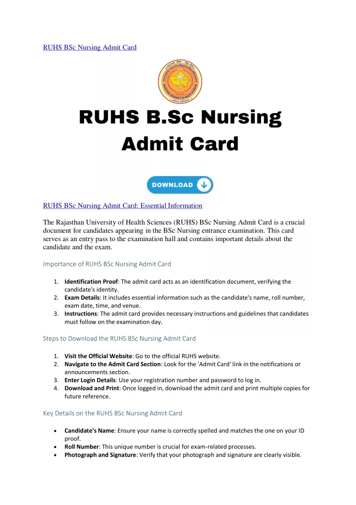 ruhs bsc nursing admit card