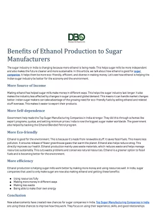 Benefits of Ethanol Production to Sugar Manufacturers