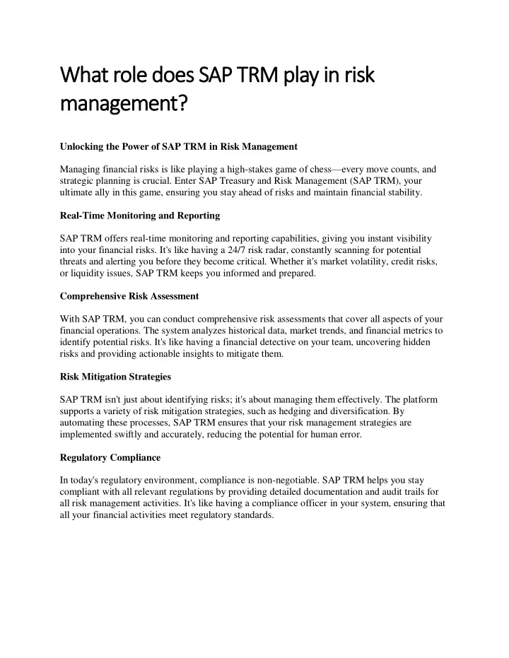 what role does sap trm play in risk what role