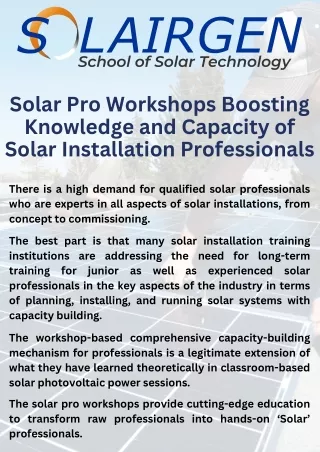 Solar Pro Workshops Boosting Knowledge and Capacity of Solar Installation
