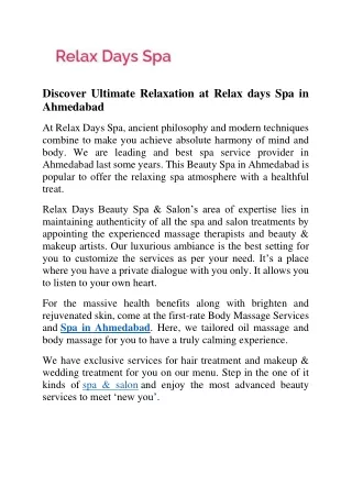 Discover Ultimate Relaxation at Relax days Spa in Ahmedabad