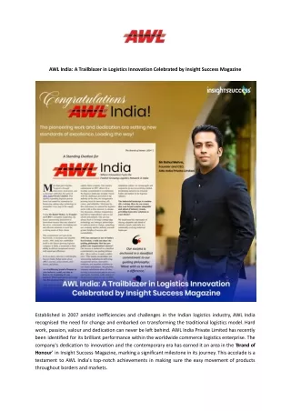 AWL India: Logistics Innovation Leader | Award-Winning Solutions