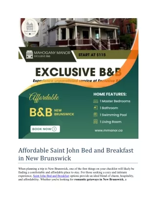 Affordable Saint John Bed and Breakfast in New Brunswick