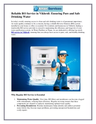 Premium RO Service in Vikhroli for Pure and Safe Drinking Water