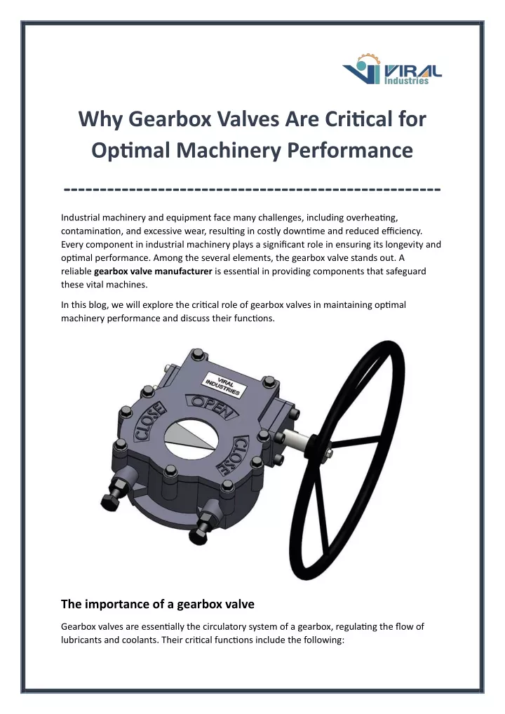 why gearbox valves are critical for optimal