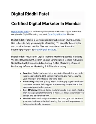 Digital Riddhi Patel certified digital marketer in Mumbai.