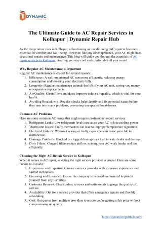The Ultimate Guide to AC Repair Services in Kolhapur by Dynamic Repair Hub