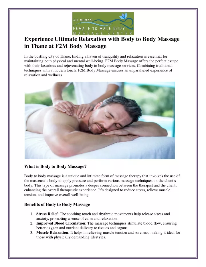 experience ultimate relaxation with body to body