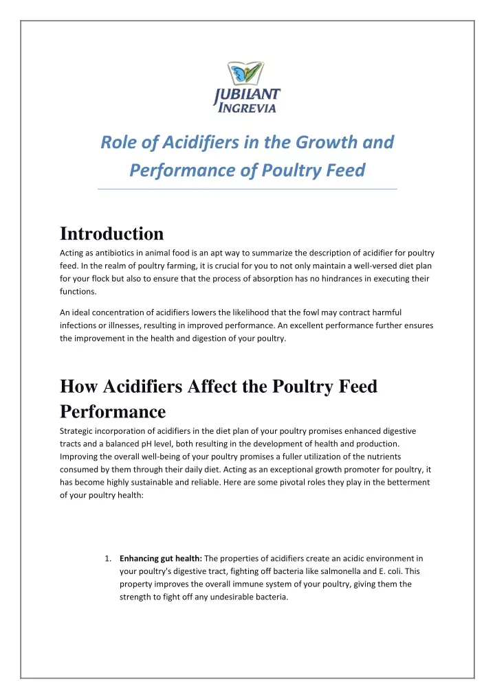 role of acidifiers in the growth and performance