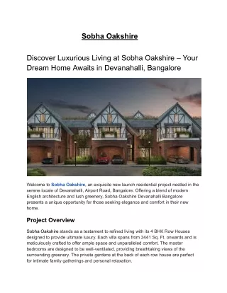 Sobha Oakshire 4 BHK Row Houses in Devanahalli, Bangalore