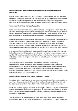 Difference Between Commercial Electricians and Residential Electricians