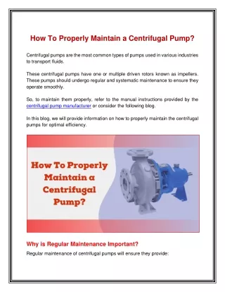 How To Properly Maintain a Centrifugal Pump?