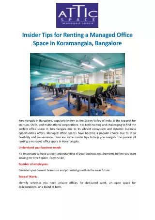 Insider Tips for Renting a Managed Office Space in Koramangala, Bangalore