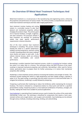 An Overview Of Metal Heat Treatment Techniques And Applications