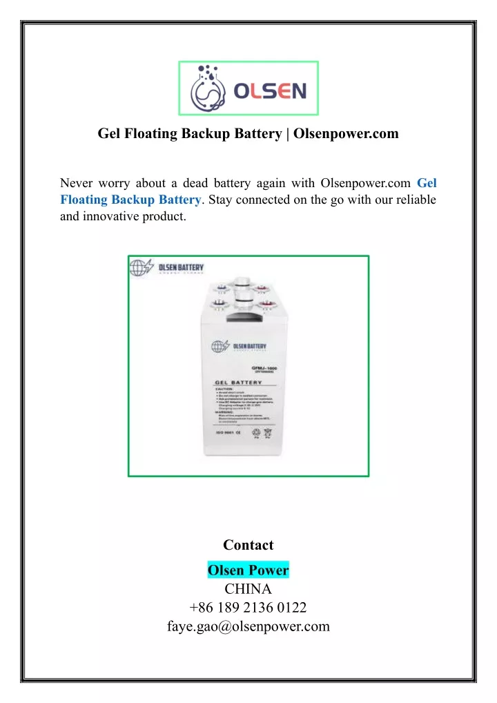 gel floating backup battery olsenpower com