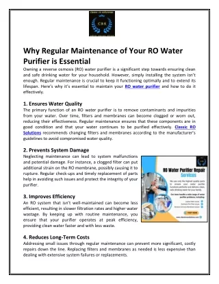 Why Regular Maintenance of Your RO Water Purifier is Essential