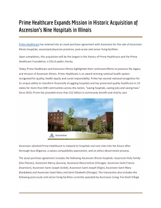 Prime Healthcare Expands Mission in Historic Acquisition of Ascension’s Nine Hospitals in Illinois