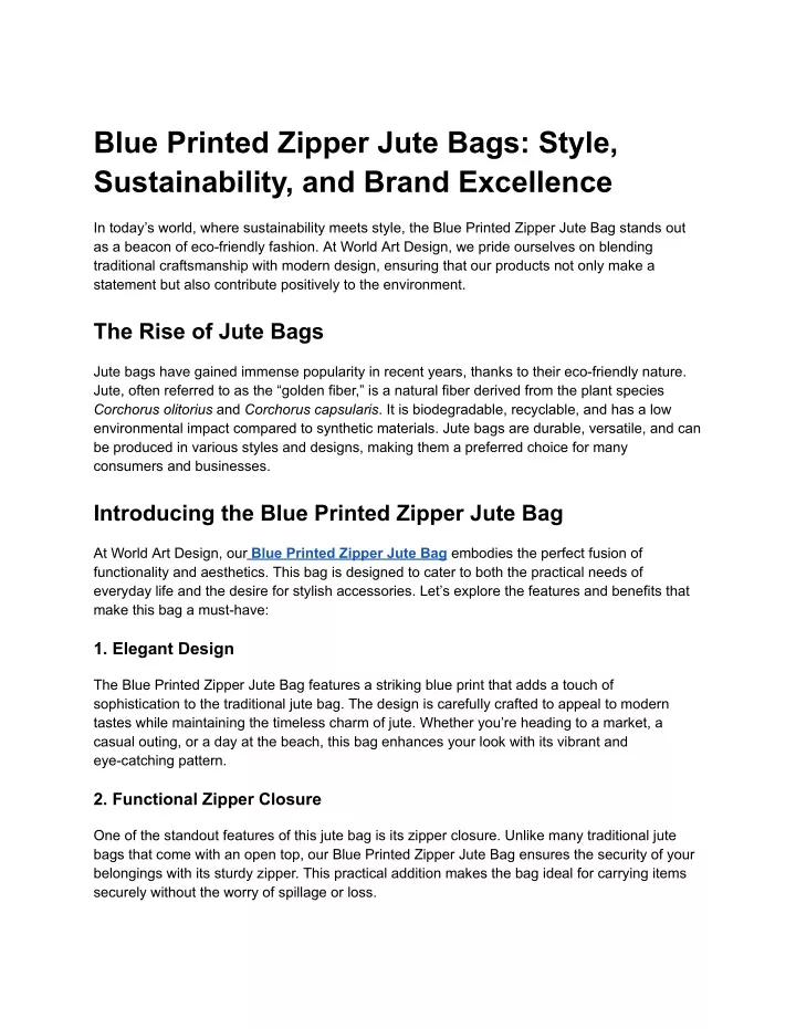 blue printed zipper jute bags style