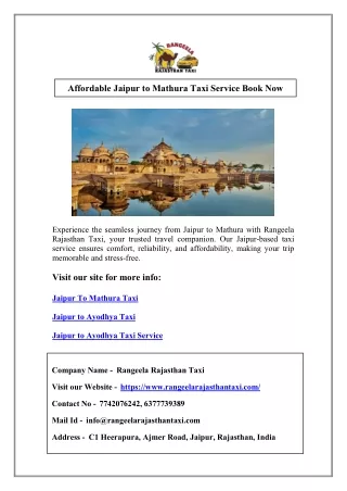 Affordable Jaipur to Mathura Taxi Service Book Now