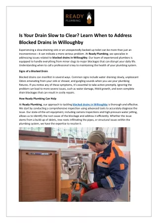 Is Your Drain Slow to Clear - Learn When to Address Blocked Drains in Willoughby