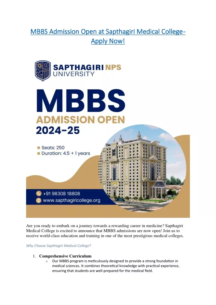 mbbs admission open at sapthagiri medical college