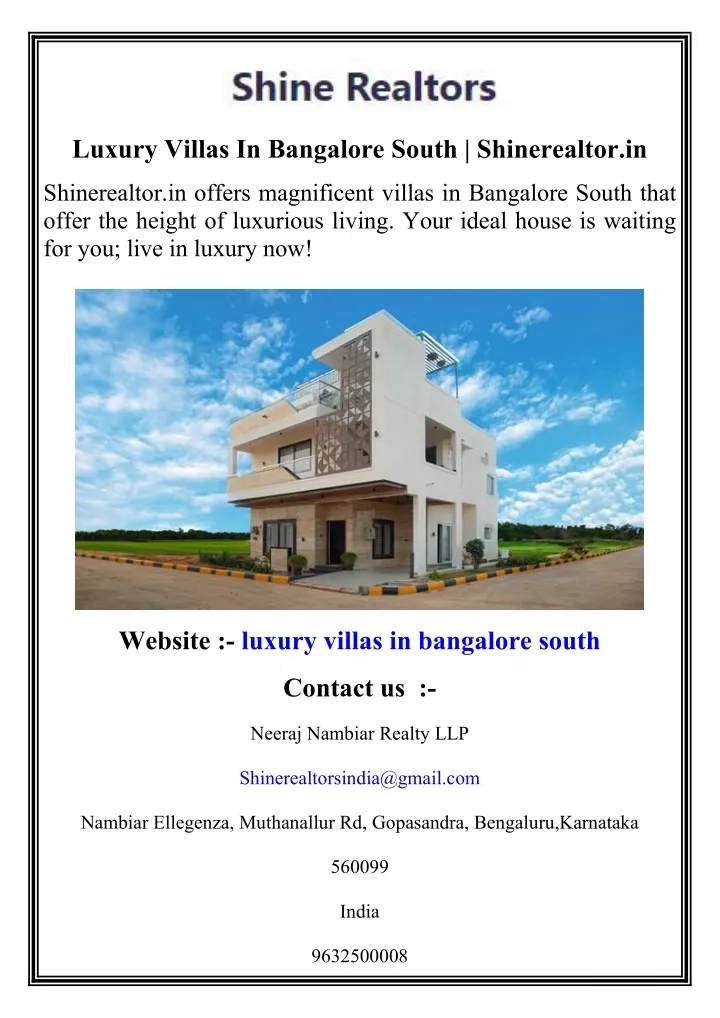 luxury villas in bangalore south shinerealtor in