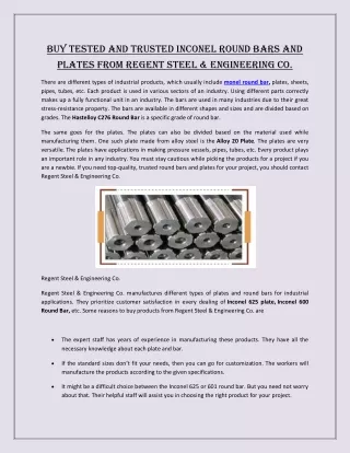Buy Tested and Trusted Inconel Round Bars and Plates from Regent Steel & Engineering Co.